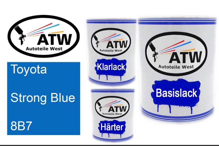 Toyota, Strong Blue, 8B7: 1L Lackdose + 1L Klarlack + 500ml Härter - Set, von ATW Autoteile West.
